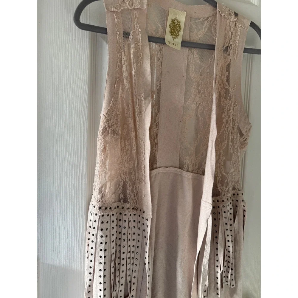 Vocal Boho Lace Fringe‎ Studded Vest Tan Neutral Layering Piece Medium